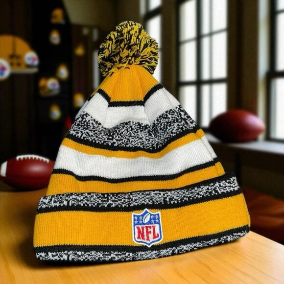 Pittsburgh Steelers Beanie Pom Hat Knit Pom NFL New Era Football OS Black Yellow - Picture 1 of 11